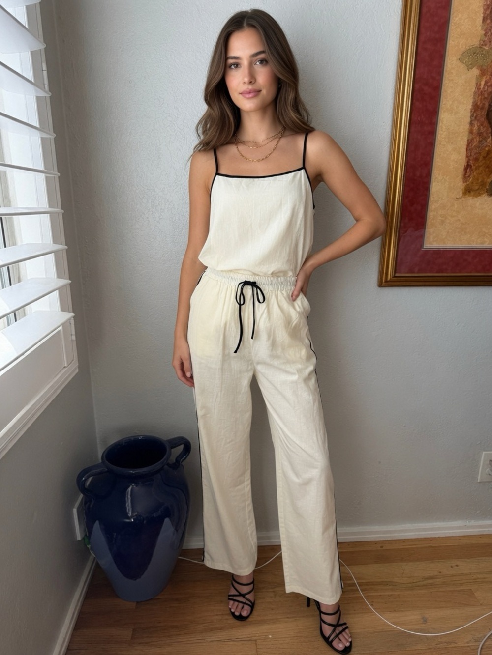 71~ NWT Honey Mango Creamy Yellow Cami Top Drawstring Pant Set Wide Leg ~ Small